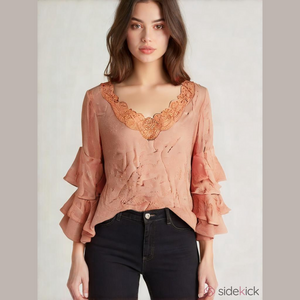 SPENSE Salmon Lace Round Neck Tunic Peasant Boho Top Tiered Bell Sleeve